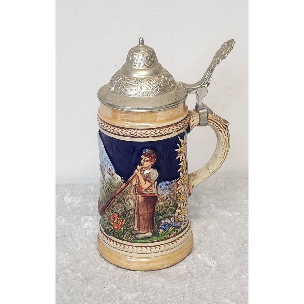 Vintage Gerz Ceramic w Pewter Lid Beer Stein